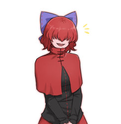Rule 34 | 1girl, black shirt, blue bow, bow, breasts, cape, cloak, close-up, covered eyes, creepy, dullahan, hair bow, hair over eyes, high collar, long sleeves, mata (matasoup), miniskirt, open mouth, red cape, red cloak, red hair, red skirt, sekibanki, shirt, short hair, skirt, small breasts, smile, touhou
