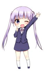 Rule 34 | 10s, 1girl, ;d, bad id, bad pixiv id, blazer, blush, business suit, chibi, clenched hand, collared shirt, formal, full body, jacket, kneehighs, light purple hair, long hair, looking at viewer, neck ribbon, new game!, one eye closed, open mouth, outstretched arm, pencil skirt, pink ribbon, purple eyes, ribbon, shirt, shnva, shoes, simple background, skirt, skirt suit, smile, socks, solo, suit, suzukaze aoba, twintails, very long hair, waving, white background, white socks, white shirt, wing collar