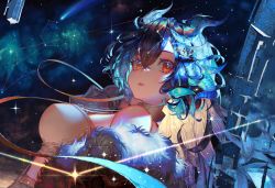 Rule 34 | 1girl, artist name, bad id, bad pixiv id, bare shoulders, blue hair, breasts, character name, cloud9, commentary, constellation, diffraction spikes, diyokama, dragon horns, dutch angle, fur trim, hair between eyes, hair horns, hair ornament, horns, jacket, large breasts, leo (constellation), long hair, looking at viewer, multicolored hair, night, night sky, off shoulder, open mouth, red eyes, shooting star, sky, solo, sparkle, star (sky), starry sky, symbol-only commentary, twitch.tv, upper body, vienna (vtuber), vienna (vtuber) (1st costume), virtual youtuber