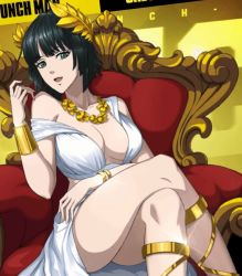 Rule 34 | 1girl, animated, animated gif, black hair, breasts, cleavage, collarbone, crossed legs, fubuki (one-punch man), goddess robe, gold necklace, green eyes, large breasts, laurel crown, necklace, official art, one-punch man, solo, tagme, upskirt
