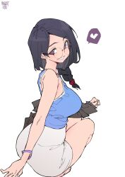 Rule 34 | 1girl, absurdres, ass, bare legs, black hair, braid, breasts, from above, from behind, glasses, grin, hair over shoulder, heart, highres, large breasts, long hair, looking at viewer, looking back, mole, mole on cheek, norman maggot, original, pencil skirt, purple eyes, rimless eyewear, sideboob, simple background, skirt, sleeveless, smile, solo, speech bubble, spoken heart, squatting, stephanie (ol-chan), white background