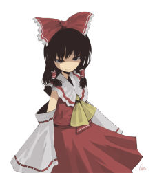 Rule 34 | 1girl, black hair, bow, detached sleeves, expressionless, female focus, grey background, hair bow, hair tubes, hakurei reimu, inemuri uno, inemuriuno, long sleeves, looking at viewer, red bow, ribbon-trimmed sleeves, ribbon trim, shaded face, shadow, sidelocks, simple background, solo, standing, touhou