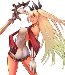 Rule 34 | 1girl, ass, bare shoulders, blonde hair, breasts, fantasy, from side, gloves, hair ornament, kuro black, original, red eyes, sharp teeth, solo, sword, teeth, twintails, weapon