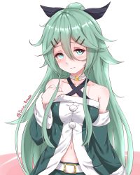 Rule 34 | 10s, 1girl, alternate color, belt, blush, commentary, detached sleeves, disco brando, green eyes, green hair, hair between eyes, hair ornament, hair ribbon, hairclip, hand on own chest, highres, kantai collection, long hair, matching hair/eyes, navel, ribbon, simple background, solo, twitter username, very long hair, white background, yamakaze (kancolle)