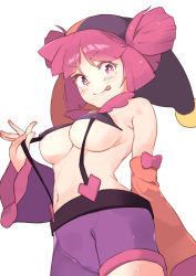 Rule 34 | 1girl, :p, absurdres, areola slip, bare shoulders, blush, breasts, buro (muse dash), cameltoe, co botan, detached sleeves, hat, heart, highres, jester cap, large breasts, long sleeves, muse dash, pink eyes, pink hair, purple shorts, shirt, shorts, simple background, sleeveless, sleeveless shirt, solo, suspenders, suspenders pull, tongue, tongue out, two side up, underboob, white background