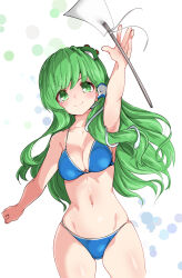 1girl bikini blue_bikini cowboy_shot frog_hair_ornament gohei green_eyes green_hair hair_ornament hair_tubes highres holding holding_gohei huyusilver kochiya_sanae long_hair shiny_skin simple_background single_hair_tube smile snake_hair_ornament swimsuit touhou