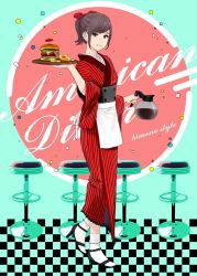 Rule 34 | 1girl, apron, black footwear, bow, brown eyes, brown hair, burger, coffee pot, food, from side, hair bow, high heels, holding, japanese clothes, kimono, looking at viewer, maid, maid apron, munakata (hisahige), obi, original, parted lips, ponytail, red bow, red kimono, sash, smile, socks, solo, standing, stool, toothpick, tray, wa maid, waist apron, white apron, white socks