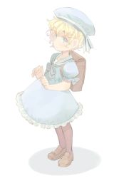 Rule 34 | 1girl, backpack, bag, blonde hair, blue eyes, bow, brown pantyhose, child, dress, female focus, hat, loafers, messy hair, original, pantyhose, shimazaki1152, shoes, short hair, simple background, solo, white background, aged down