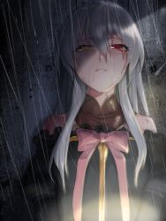 Rule 34 | 1girl, bow, detached collar, dress, hair between eyes, highres, kyo, long hair, looking at viewer, multicolored eyes, off-shoulder dress, off shoulder, original, outdoors, parted lips, rain, red eyes, slit pupils, solo, upper body, wet, wet clothes, wet hair, white hair, yellow eyes