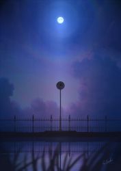 Rule 34 | alu.m (alpcmas), clock, commentary request, fence, grass, highres, moon, night, night sky, no humans, original, outdoors, reflection, scenery, signature, sky, water