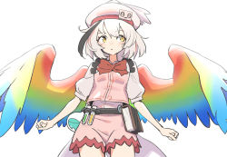 Rule 34 | 1girl, absurdres, belt, black hair, book, bow, commentary request, cowboy shot, flask, hat, highres, hollow song of birds, kawayabug, liquid, looking at viewer, looking to the side, multicolored hair, multicolored wings, pink hat, pink skirt, rainbow gradient, rainbow wings, red bow, shirt, short hair, short sleeves, simple background, skirt, solo, torisumi horou, touhou, tube, vial, white background, white hair, wings, yellow eyes