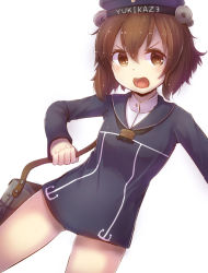 Rule 34 | &gt;:d, 1girl, :d, beret, brown eyes, brown hair, cannon, clothes writing, cosplay, dress, hair ornament, hat, kantai collection, long sleeves, minarai shachou, open mouth, personification, sailor dress, short hair, smile, solo, turret, v-shaped eyebrows, yukikaze (kancolle), z1 leberecht maass (kancolle), z1 leberecht maass (kancolle) (cosplay), z3 max schultz (kancolle) (cosplay), z3 max schultz (kancolle)
