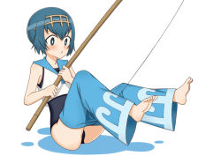 Rule 34 | &gt;:o, 1girl, :o, ass, baggy pants, bare arms, bare shoulders, barefoot, black one-piece swimsuit, black pants, blue eyes, blue hair, blue sailor collar, blush, bright pupils, capri pants, chestnut mouth, creatures (company), crop top, feet, fishing rod, full body, game freak, hair between eyes, hairband, holding, holding fishing rod, lana (pokemon), legs up, nintendo, one-piece swimsuit, open mouth, pants, pokemon, pokemon sm, sailor collar, shirt, short hair, simple background, sitting, sleeveless, sleeveless shirt, solo, swimsuit, swimsuit under clothes, toes, toshishikisai, trial captain, v-shaped eyebrows, white background, white shirt