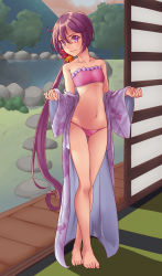 Rule 34 | 10s, 1girl, akebono (kancolle), barefoot, bell, bikini, bikini under clothes, breasts, feet, flower, hair bell, hair flower, hair ornament, highres, japanese clothes, kantai collection, kimono, long hair, long legs, navel, purple eyes, purple hair, side ponytail, sliding doors, small breasts, solo, swimsuit, swimsuit under clothes, tatami, toes, undressing, very long hair, yuki to hana