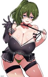 Rule 34 | 1girl, :d, absurdres, aiuti, alternate breast size, bare shoulders, belt, black gloves, blush, breasts, camel, cleavage, elbow gloves, gloves, green hair, highres, large breasts, long hair, looking at viewer, open mouth, panties, purple eyes, side ponytail, simple background, single glove, skindentation, skirt, smile, solo, sousou no frieren, striped clothes, striped panties, thigh strap, ubel (sousou no frieren), underwear, white background