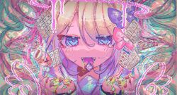 Rule 34 | 1girl, :d, @ @, blonde hair, blue eyes, blue hair, blush, bow, chouzetsusaikawa tenshi-chan, crying, dot nose, drooling, drugs, glitch, grapeichi, hair between eyes, hair bow, halo, highres, holographic clothing, iridescent, lsd, melting halo, multicolored nails, multiple hair bows, needy girl overdose, open mouth, original, pill, pill bottle, pink bow, pink hair, pink halo, pixel art, purple bow, smile, solo, sweat, teeth, tongue, tongue out, too many, twitter username, wings, yellow bow, yellow nails