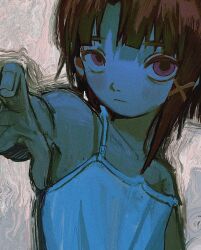 Rule 34 | :|, abstract, abstract background, absurdres, amn (a0ko1), armpit crease, asymmetrical bangs, asymmetrical hair, bare shoulders, blush, brown hair, closed mouth, collarbone, expressionless, film grain, fingernails, hair ornament, hand up, head tilt, highres, iwakura lain, looking to the side, medium hair, reaching, reaching towards viewer, red eyes, serial experiments lain, shirt, single sidelock, sleeveless, sleeveless shirt, spaghetti strap, strap slip, upper body, upturned eyes, white shirt, x hair ornament