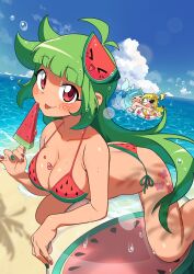 Rule 34 | 3girls, angry, ass, ball, beach, beachball, bikini, blonde hair, blue hair, blue sky, breasts, cleavage, closed eyes, closed mouth, cloud, cloudy sky, day, food, food-themed hair ornament, food print, green hair, green nails, hair ornament, highres, indie virtual youtuber, large breasts, leg tattoo, lemon queen (vannamelon), lifebuoy, lying, mermaid, monster girl, multiple girls, ocean, on stomach, open mouth, oregaihanboshi, partially submerged, popsicle, red eyes, sky, smile, swim ring, swimsuit, tattoo, tongue, tongue out, vanna melon, vanna seasalt, virtual youtuber, water, watermelon bar, watermelon hair ornament, watermelon print, wet, yellow eyes