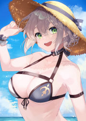 Rule 34 | 1girl, absurdres, arm garter, bare shoulders, bikini, blue sky, blush, breasts, cleavage, cloud, cloudy sky, collarbone, day, front-tie bikini top, front-tie bra, front-tie top, green eyes, hair between eyes, halterneck, hat, highres, hololive, huge filesize, large breasts, looking at viewer, multicolored bikini, multicolored clothes, nabeniuitagomi, ocean, open mouth, outdoors, shirogane noel, shirogane noel (summer 2020), short hair, silver hair, sky, smile, solo, straw hat, swimsuit, teeth, two-tone bikini, upper body, upper teeth only, virtual youtuber, water, wrist cuffs