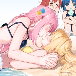 Rule 34 | &gt; &lt;, 4girls, after kiss, ahoge, ai-assisted, bare arms, bare shoulders, beach, bikini, black bikini, blonde hair, blue hair, blue one-piece swimsuit, blush, blush stickers, bocchi the rock!, breast press, breasts, commentary, cube hair ornament, embarrassed, expressionless, fingernails, flying sweatdrops, food, frilled bikini, frills, from side, full-face blush, girl on top, gotoh hitori, hair between eyes, hair ornament, half updo, highres, holding hands, ice cream, ijichi nijika, interlocked fingers, kadohusa ginpo, kita ikuyo, large breasts, lips, long hair, looking at another, lying, mole, mole under eye, multiple girls, no eyes, nose, ocean, off shoulder, on back, one-piece swimsuit, one side up, outdoors, pink hair, red hair, shiny skin, side ponytail, sidelocks, simple background, small breasts, squatting, surprised, swimsuit, symmetrical docking, twitching, very long hair, wet, wet hair, white background, yamada ryo, yellow bikini, yuri