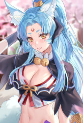 Rule 34 | 1girl, absurdres, animal ears, bell, black gloves, blush, breasts, cigma, cleavage, gloves, highres, large breasts, long hair, looking at viewer, misasagi (rune factory), navel, rune factory, rune factory 5, short sleeves, smile, solo, yellow eyes