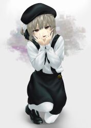 Rule 34 | 1girl, bent v, beret, black footwear, black hat, black ribbon, black skirt, brown eyes, commentary request, dress shirt, fang, flower, full body, grey background, grey hair, hair flower, hair ornament, hair ribbon, half-closed eyes, hand to own mouth, hands up, hat, hatoba tsugu, head tilt, highres, loafers, long sleeves, looking at viewer, medium hair, mole, mole under eye, multicolored background, neck ribbon, on one knee, open mouth, pantyhose, ribbon, rose, shadow, shirt, shoes, single hair ring, skirt, smile, solo, suspender skirt, suspenders, towa (towa art 27), tsugu (vtuber), virtual youtuber, white background, white flower, white pantyhose, white rose, white shirt