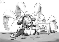 Rule 34 | 10s, 1girl, 2014, bottle, breasts, cleavage, concentrating, dated, elbow gloves, gloves, glue, greyscale, hair over one eye, kraken (monster girl encyclopedia), large breasts, long hair, lutherniel, monochrome, monster girl, monster girl encyclopedia, scylla, ship, ship in a bottle, signature, sketch, solo, suction cups, sweat, tentacles, watercraft