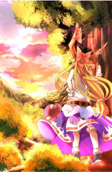 Rule 34 | 1girl, bow, forest, gourd, hair bow, hand on thigh, highres, holding, horn ornament, horn ribbon, horns, ibuki suika, immaterial and missing power, legs, long hair, looking afar, mountain, nature, oni, orange hair, red bow, red ribbon, ribbon, shiro9jira, shirt, shoes, skirt, sleeveless, sleeveless shirt, socks, solo, sun, sunlight, sunset, touhou, tree, white shirt