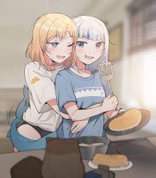 Rule 34 | 2girls, black panties, blonde hair, blue eyes, blue hair, blush, commentary, cooking, facial hair, fins, fish tail, food, frying pan, gawr gura, holding, holding frying pan, holding spatula, hololive, hololive english, hug, hug from behind, indoors, kitchen, mitsumine (ookami no oyashiro), multiple girls, mustache, one eye closed, pancake, panties, parted lips, shark tail, sharp teeth, spatula, standing, stove, symbol-only commentary, tail, teeth, underwear, upper body, virtual youtuber, watson amelia, yuri