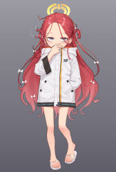 Rule 34 | 1girl, blue archive, blue eyes, blush, cigarette, coat, feet, female focus, forehead, full body, gradient background, grey background, halo, hand in pocket, highres, holding, holding cigarette, legs, long hair, looking at viewer, red hair, sandals, simple background, slippers, smoke, smoking, solo, standing, suitshark, toenails, toes, very long hair, white coat, yuzu (blue archive)