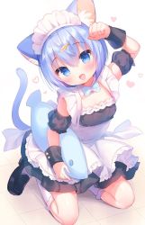 Rule 34 | 1girl, :d, animal ear fluff, animal ears, apron, arm up, black dress, black footwear, black sleeves, blue bow, blue bowtie, blue eyes, blue hair, blush, bow, bowtie, breasts, cat day, cat ears, cat girl, cat tail, collar, commentary request, detached collar, detached sleeves, dress, fang, fish hair ornament, hair between eyes, hair ornament, head tilt, heart, highres, kneehighs, kneeling, loafers, onka, open mouth, original, puffy short sleeves, puffy sleeves, shoes, short sleeves, sleeveless, sleeveless dress, small breasts, smile, socks, solo, tail, tile floor, tiles, usashiro mani, white apron, white collar, white socks