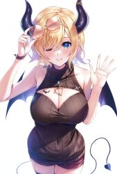 Rule 34 | 1girl, absurdres, adjusting eyewear, arm up, bare shoulders, bat tattoo, black horns, black sweater, black wings, blonde hair, blue eyes, blush, breast tattoo, breasts, cleavage, cleavage cutout, clothing cutout, cowboy shot, demon girl, demon horns, demon tail, demon wings, eyewear lift, hand up, highres, hololive, horn ornament, horns, kamishiro mai (capti-no), large breasts, lifting own clothes, looking at viewer, one eye closed, pointy ears, red shorts, short shorts, shorts, solo, standing, sweater, swept bangs, tail, tattoo, virtual youtuber, winged heart, wings, yuzuki choco, yuzuki choco (streetwear)