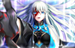 Rule 34 | 1girl, black dress, black gloves, blood, blood on face, blue eyes, braid, breasts, dress, fate/grand order, fate (series), french braid, gloves, grey hair, harukey, highres, large breasts, long hair, long sleeves, looking at viewer, morgan le fay (fate), open mouth, outstretched arm, ponytail, sidelocks, smile, solo, two-tone dress, very long hair, white dress, wide sleeves
