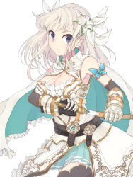 Rule 34 | 1girl, aqua skirt, belt, black thighhighs, breasts, center opening, cleavage, closed mouth, dress, flower, gauntlets, grey hair, hair flower, hair ornament, hair ribbon, highres, holding, holding sheath, holding sword, holding weapon, knight, large breasts, lily (flower), long hair, looking at viewer, maruhana, original, pleated skirt, purple eyes, ribbon, sheath, simple background, skirt, solo, sword, thighhighs, unsheathing, weapon, white background, white dress, white flower, white hair, white ribbon