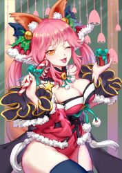 Rule 34 | 10s, 1girl, alternate color, alternate costume, animal ears, bad id, bad pixiv id, bell, black thighhighs, bow, box, breasts, candy, candy cane, christmas, cleavage, commentary request, detached collar, detached sleeves, fate/extella, fate/extra, fate/grand order, fate (series), food, fox ears, fox tail, fur trim, gift, gift box, hair bell, hair bow, hair ornament, hair ribbon, head tilt, heart, heart-shaped pupils, highres, japanese clothes, large breasts, lollipop, looking at viewer, mo xiaoxue, one eye closed, pelvic curtain, pink hair, pom pom (clothes), ribbon, santa costume, solo, symbol-shaped pupils, tail, tamamo (fate), tamamo no mae (fate/extra), thighhighs, yellow eyes