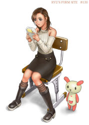 Rule 34 | 1girl, bare shoulders, boots, brown eyes, brown hair, chair, detached sleeves, earrings, game boy, game boy (original), halterneck, handheld game console, jewelry, ryu (ryu&#039;s form site), sitting, skirt, solo