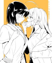 Rule 34 | 2girls, ahoge, blush, breasts, chiyo kozuka, collarbone, collared shirt, commentary request, covered mouth, dated, eye contact, eyebrows hidden by hair, face-to-face, from side, full-face blush, greyscale, greyscale with colored background, hair between eyes, hand up, heavy breathing, highres, ichido dake demo koukai shitemasu, jacket, long hair, long sleeves, looking at another, mask, mask pull, medium breasts, miyahara miyako, monochrome, mouth mask, multiple girls, off shoulder, open clothes, open jacket, orange background, pulled by self, ritsuka hara, shirt, short hair, short sleeves, sidelocks, simple background, sweat, upper body, wing collar