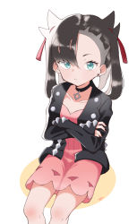 Rule 34 | 1girl, asymmetrical bangs, black choker, black hair, black jacket, black nails, blue eyes, breasts, choker, cleavage, closed mouth, collarbone, colored shadow, commentary, creatures (company), crossed arms, dress, earrings, feet out of frame, game freak, hair between eyes, hair ribbon, highres, jacket, jewelry, long hair, long sleeves, looking at viewer, marnie (pokemon), nail polish, nintendo, open clothes, open jacket, pink dress, pokemon, pokemon swsh, red ribbon, ribbon, shadow, signature, sitting, sleeves past wrists, small breasts, solo, stud earrings, tosyeo, twintails, white background