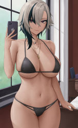 Rule 34 | 1girl, arlecchino (genshin impact), bare shoulders, bikini, black bikini, black eyes, black hair, breasts, cellphone, cleavage, collarbone, cowboy shot, genshin impact, highres, jewelry, large breasts, looking at viewer, multicolored hair, navel, necklace, phone, red pupils, short hair, solo, streaked hair, swimsuit, symbol-shaped pupils, thighs, white hair, window, x-shaped pupils, zaphn