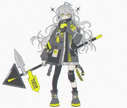 Rule 34 | 1girl, ahoge, asymmetrical legwear, black footwear, black legwear, black nails, closed mouth, earrings, full body, goggles, goggles around neck, grey hair, holding, jacket, jewelry, knee pads, limited palette, long hair, looking at viewer, mismatched legwear, nail polish, original, road sign, sign, simple background, sleeves past fingers, sleeves past wrists, slit pupils, solo, standing, stop sign, very long hair, warning sign, white background, yellow eyes