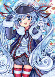 Rule 34 | 1girl, 1other, :d, animal, animal on shoulder, black coat, black gloves, black necktie, black shorts, blue background, blue eyes, blue hair, blush, buttons, coat, commentary, cowboy shot, dot nose, frilled vest, frills, fur-trimmed coat, fur trim, gloves, hair between eyes, hair ribbon, hand up, hat, hatsune miku, long hair, long sleeves, looking at viewer, marker (medium), necktie, open clothes, open coat, open mouth, rabbit yukine, red ribbon, red shirt, red thighhighs, ribbon, rui (sugar3), sailor hat, sample watermark, shirt, shorts, smile, snowflakes, standing, star (symbol), striped clothes, striped thighhighs, thighhighs, traditional media, twintails, very long hair, vest, vocaloid, watermark, white hair, white headwear, white vest, yuki miku, yuki miku (2022)