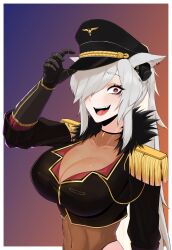 Rule 34 | 1girl, aiguillette, animal ears, black gloves, black hat, black jacket, breasts, cleavage, collarbone, cropped jacket, discordia (vtuber), epaulettes, eyelashes, fox ears, fox girl, fur-trimmed jacket, fur trim, gloves, grey hair, hair over one eye, hat, highres, indie virtual youtuber, jacket, large breasts, long hair, mole, mole on breast, navel, open mouth, peaked cap, red eyes, rumi (rumigawa31), second-party source, see-through, see-through cleavage, solo, upper body, virtual youtuber