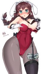 Rule 34 | 10s, 1girl, 2015, :o, animal ears, aqua eyes, black pantyhose, blush, bouncing breasts, bow, braid, breasts, brown hair, character name, cleavage, convenient censoring, cowboy shot, dated, detached collar, fake animal ears, female focus, garter straps, gloves, hair bow, highres, image sample, kantai collection, kuro chairo no neko, large breasts, leotard, long hair, looking at viewer, maid headdress, md5 mismatch, money, noshiro (kancolle), open mouth, pantyhose, paw print, playboy bunny, resolution mismatch, simple background, single thighhigh, solo, source larger, thighhighs, thighhighs over pantyhose, tucked money, twin braids, twitter username, wardrobe malfunction, white background, white gloves