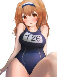 Rule 34 | 1girl, absurdres, blue one-piece swimsuit, brown eyes, cowboy shot, dated, hairband, highres, i-26 (kancolle), kantai collection, light brown hair, long hair, mmk, name tag, new school swimsuit, one-piece swimsuit, school swimsuit, signature, simple background, sitting, solo, swimsuit, swimsuit under clothes, two-tone hairband, two side up, white background