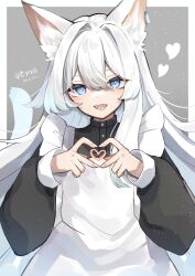 Rule 34 | 1girl, andou yuna, animal ears, apron, black dress, blue eyes, border, cat ears, cat girl, cat tail, dress, ear tag, fangs, grey background, hair between eyes, heart, heart hands, highres, long hair, long sleeves, looking at viewer, open mouth, original, outside border, sidelocks, simple background, solo, tail, upper body, white apron, white border, white hair
