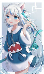 Rule 34 | 1girl, absurdres, animal costume, animal ears, blue eyes, blue hair, blue hoodie, blue nails, blunt bangs, bow (weapon), fins, fish tail, gawr gura, gawr gura (1st costume), hair ornament, highres, hololive, hololive english, hood, hoodie, looking at viewer, medium hair, multicolored hair, nail polish, open mouth, shark costume, shark girl, shark hair ornament, shark tail, sidelocks, snmdx, solo, streaked hair, tail, two side up, virtual youtuber, weapon, white hair