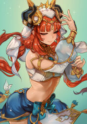 Rule 34 | 1girl, arm up, artist name, bare shoulders, bow, breasts, brooch, crop top, fake horns, genshin impact, gradient background, green bow, grey background, hand up, harem outfit, highres, horns, jewelry, long hair, long sleeves, looking at viewer, magion02, medium breasts, nail polish, navel, nilou (genshin impact), red hair, skirt, smile, solo, stomach, twintails, veil