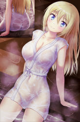 Rule 34 | 1girl, angelina kudou shields, arm support, ass, bath, blonde hair, blue eyes, blush, breasts, cleavage, closed mouth, collarbone, commentary request, covered navel, hair between eyes, highres, large breasts, long hair, looking at viewer, mahouka koukou no rettousei, multiple views, naked robe, nanikairu, ribbon, robe, see-through, sitting, smile, soaking feet, wet, wet clothes, white ribbon