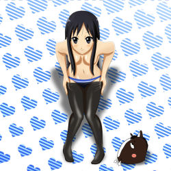 Rule 34 | 00s, 1girl, akiyama mio, bakanarienvogel, black hair, blue eyes, blush, breasts, closed mouth, convenient censoring, hair censor, hair over breasts, heart, heart background, horse, k-on!, leaning forward, long hair, medium breasts, navel, panties, see-through, solo, striped clothes, striped panties, topless, underwear, undressing