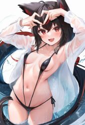 Rule 34 | 1girl, ahoge, animal ears, armpits, bikini, black hair, blush, braid, breasts, breasts apart, cameltoe, collarbone, covered erect nipples, curvy, fang, fox ears, fox girl, fox tail, hair between eyes, halterneck, hands up, heart, heart hands, highres, hololive, kurokami fubuki, long hair, long sleeves, looking at viewer, midriff, multicolored hair, navel, open mouth, red eyes, red hair, see-through, shirt, side-tie bikini bottom, sidelocks, simple background, skin fang, slingshot swimsuit, small breasts, smile, solo, sparkle, stomach, streaked hair, swimsuit, tail, thigh gap, thighs, uechin ewokaku, virtual youtuber, wading, water, wet, wet clothes, wet shirt, white background, white shirt